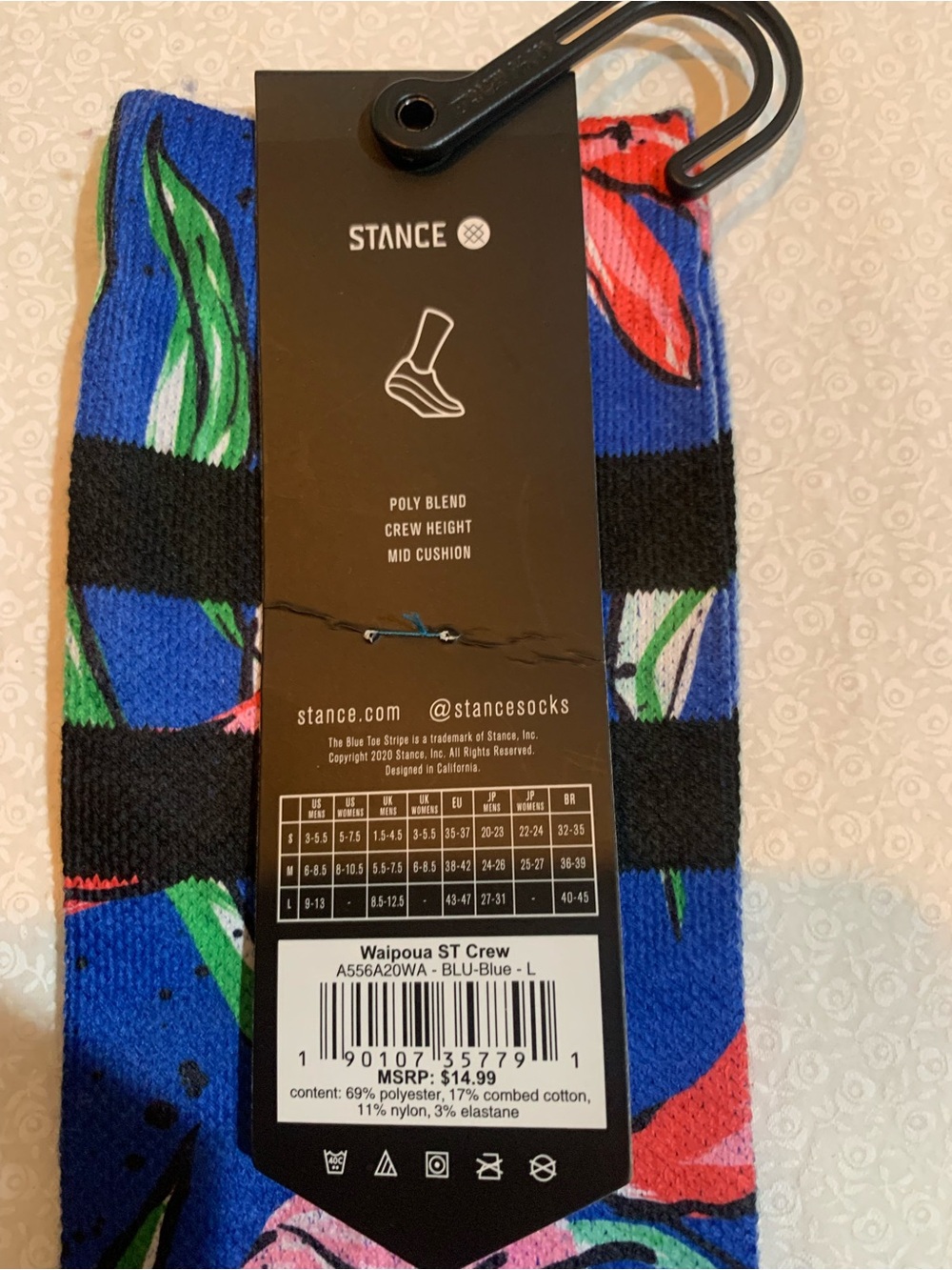 Stance Waipoua ST Blue Floral Hawaii Casual Crew Socks Poly Blend Size large - Picture 4 of 8